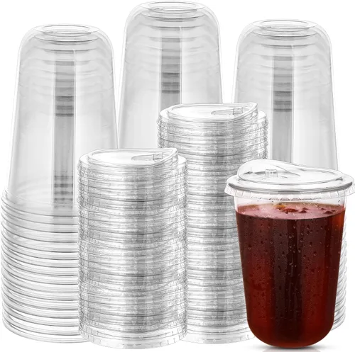 Vista 10 de 100 juegos de vasos desechables sin tallo con tapas sin pajita, vasos de plástico PET, vasos de café transparentes para café helado, batidos Azul