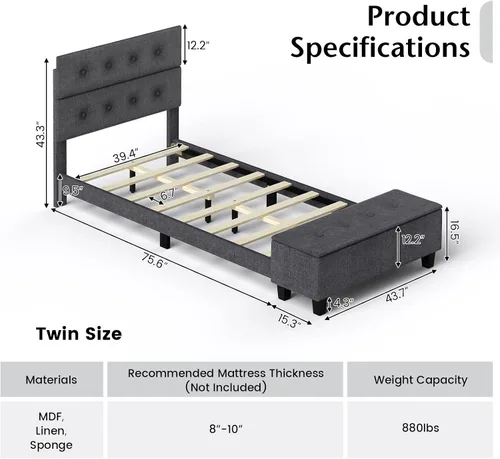 Vista 7 de KOMFOTT Base de cama tapizada tamaño individual con almacenamiento otomano, base de colchón moderna con cabecero copetudo con botones, base de cama