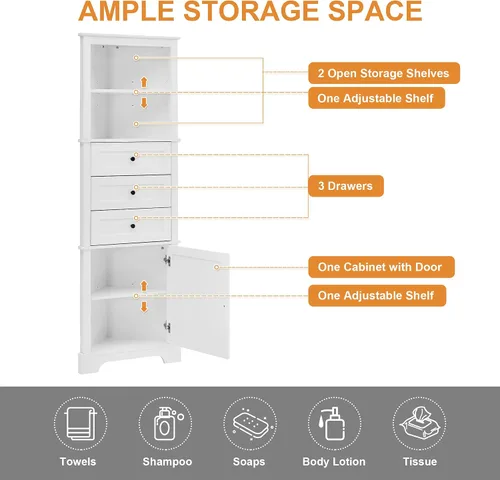 Vista 8 de Armario esquinero alto con 3 cajones y puerta, estantes ajustables, organizador de almacenamiento de baño para sala de estar o cocina, color blanco
