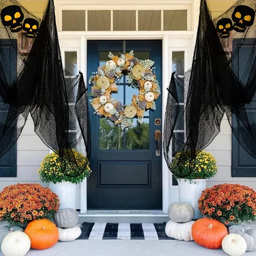 Vista 3 de Yunfan- Tela espeluznante de 9.84 yardas x 79 pulgadas + tela de araña para decoración de Halloween para fiestas en interiores, al aire libre