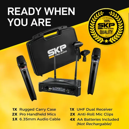 Vista 7 de SKP Pro Audio Sistema de micrófono inalámbrico UHF-300D - Micrófonos inalámbricos de mano dobles con baterías AA, rango de 200 pies, pantalla LCD