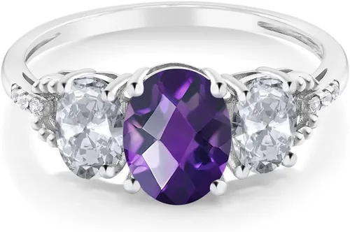 Vista 37 de Anillo de compromiso ovalado de oro blanco de 10 quilates con piedra natal y topacio blanco de 3 piedras con detalles de diamante Centro de 0.315