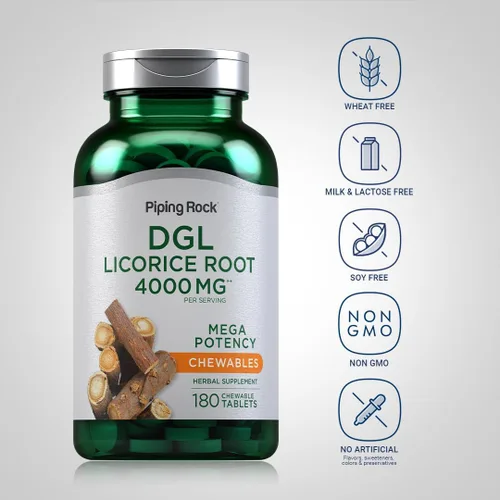 Vista 3 de Piping Rock DGL - Tabletas masticables de regaliz 180 unidades Mega potencia desglicirricinada Suplemento de extracto de hierbas