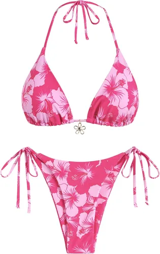 Vista 8 de ZAFUL Bikinis triangulares estampados para mujer, 2 piezas, bikini halter, traje de baño de corte alto, traje de baño con lazo lateral 0-negro a