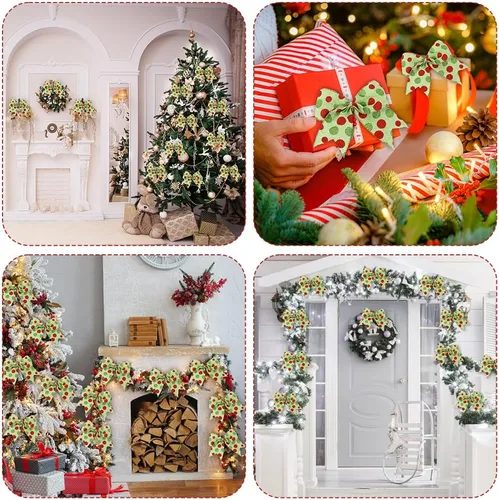 Vista 5 de DIYDEC 12 lazos ornamentales de Navidad de 6.3 pulgadas, lazos grandes para corona de Navidad, rojo y verde, lazos para árbol de Navidad con puntos