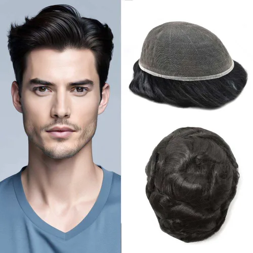 Vista 32 de Peluca de cabello humano con encaje completo, línea capilar real, para hombre, peluca de cabello con nudo blanqueado, pieza de pelo para hombres