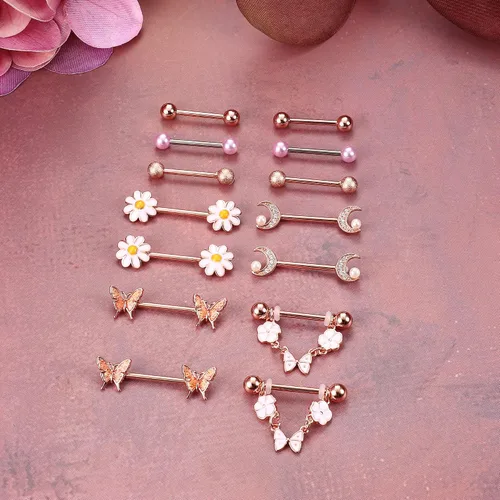 Vista 6 de BESTEEL 7 pares de anillos de pezón de 14 G para mujer acero quirúrgico para pezón joyería de circonita cúbica mariposa margarita flor lengua barra