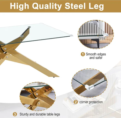 Vista 5 de Mesa de centro rectangular moderna de cristal, mesa central de vidrio templado y patas de metal chapado en oro para sala de estar, oficina en casa
