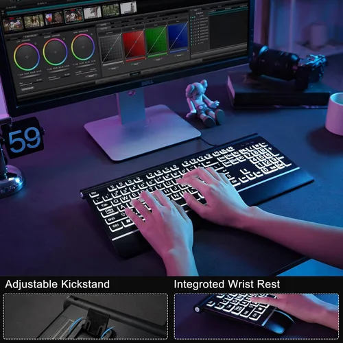 Vista 5 de Teclado de computadora retroiluminado de letras grandes, teclado retroiluminado de 7 colores con reposamuñecas, USB Plug-and-Play, teclas de letras