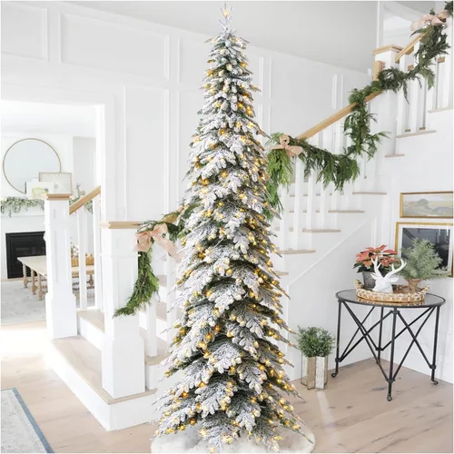 Vista 10 de Glitzhome Árbol de Navidad Artificial de 7.5 pies, Árbol de Navidad Tipo Lápiz Preiluminado con Efecto Nevado Chicago Frostwood Spruce con 350 Luces
