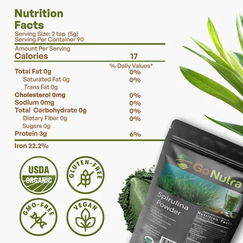 Vista 6 de Go Nutra Polvo de espirulina orgánica, suplemento de hierbas superalimentos