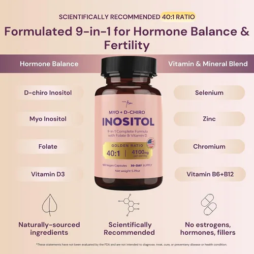 Vista 3 de QSTA Suplemento de mio-inositol y D-Chiro inositol para mujeres 4100 mg (proporción 40:1) - Soporte hormonal y metabólico 9 en 1 con folato