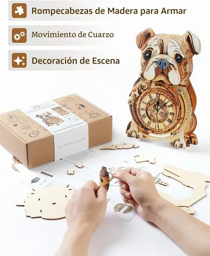 Vista 3 de Rompecabezas de madera 3D para adultos, rompecabezas 3D reloj bulldog (con péndulo) 32 piezas, rompecabezas de madera para principiantes