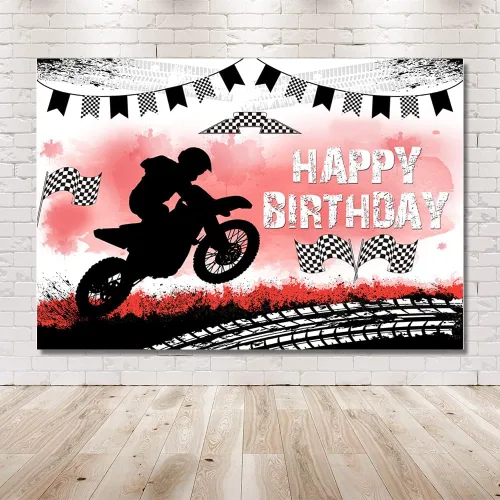 Vista 6 de MEHOFOND Telón de fondo de feliz cumpleaños, decoración de fiesta de motocross, telón de fondo de pista de neumáticos de motocicleta, suministros