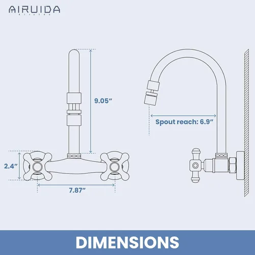 Vista 9 de Airuida Grifo de cocina de montaje en pared con rociador, grifo de fregadero de cocina montado en la pared, asas dobles cruzadas, boquilla giratoria