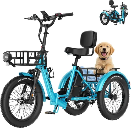 Vista 14 de MOONCOOL Triciclo eléctrico plegable para adultos, E-Trike de aluminio de 20 pulgadas con función de marcha atrás y opciones de largo alcance, Plata