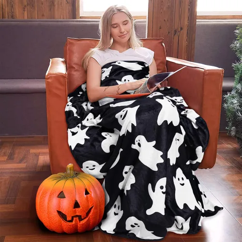 Vista 4 de Metawu Manta de Halloween de fantasma, mantas para niños para mujeres, decoraciones de Halloween, mantas de franela para cama, sofá, manta de viaje