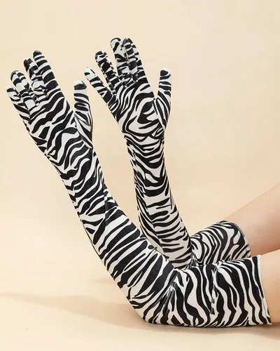Vista 2 de BXT Guantes largos de terciopelo con estampado de leopardo y cebra para mujer, accesorios de disfraz de Halloween