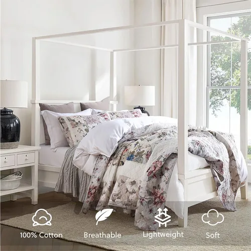 Vista 2 de Juego de ropa de cama de algodón, juego de colcha reversible de 3 piezas, edredón vintage con diseño floral de mosaico, colcha blanca, tamaño queen