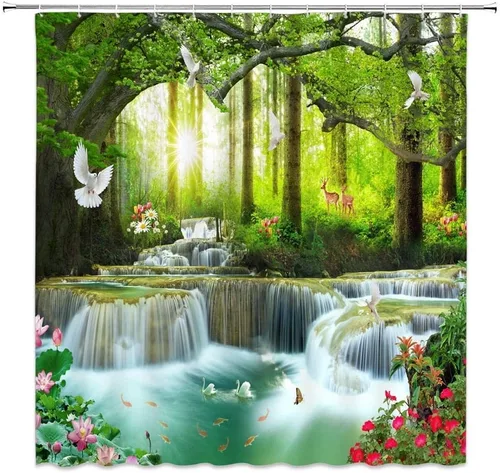 Vista 5 de Cortina de ducha con diseño de cascada, naturaleza, bosque, árbol, animales salvajes, ciervos, pájaros, flores, mariposa, amanecer, verano, paisaje