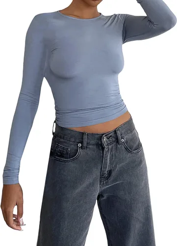 Vista 6 de KMBANGI Camiseta de manga larga con cuello redondo para mujer, básica, ajustada, de punto, acanalada, de moda, ropa de calle