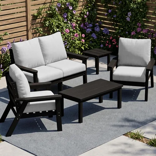 Vista 52 de PLUUV Juego de muebles de patio al aire libre HDPE, 7 piezas, marco negro Marco negro/cojín gris