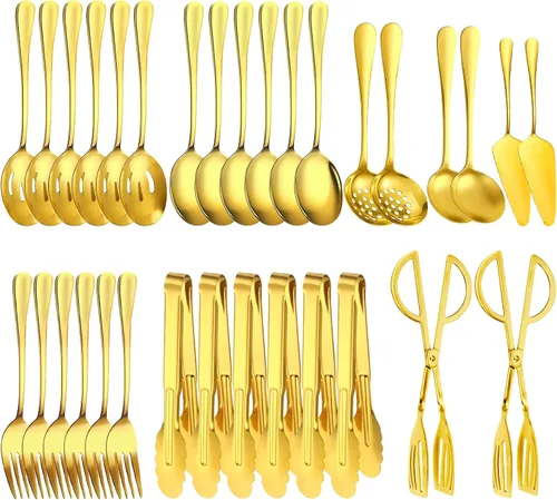 Vista 10 de Juego de 20 utensilios para servir, utensilios completos de acero inoxidable para bufé de catering para barbacoas de verano, parrillas, picnic