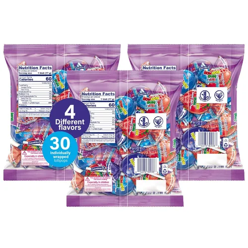 Vista 3 de Colombina Bon Bon Bum - Paletas con centro de chicle, sabor a explosión de bayas, paletas surtidas envueltas individualmente, golosinas