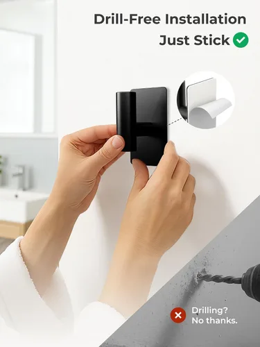 Vista 3 de GWAAZXGZ Ganchos para toallas de baño, paquete de 2, acabado negro mate, ganchos de pared adhesivos de acero inoxidable en forma de T para batas