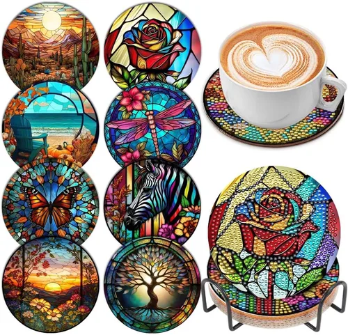 Vista 14 de Juego de 8 posavasos de arte de diamante para adultos con soporte de almohadillas de corcho, paisaje abstracto de bricolaje, arte de diamantes