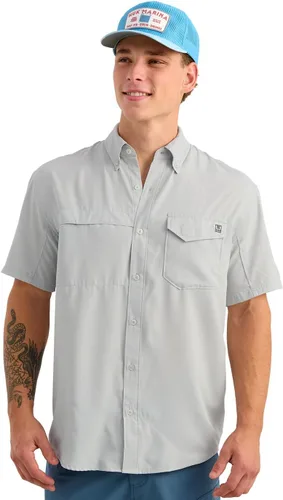 Vista 28 de HUK Men's Tide Point Kc Scott Original Artwork Short Sleeve Shirt, Fishing Button Down Negro