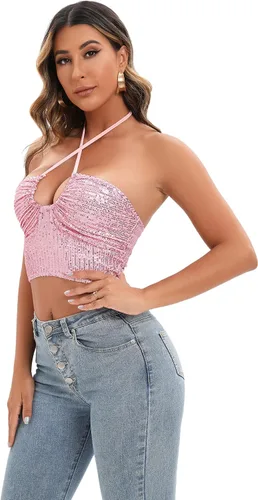 Vista 4 de Blusa corta con lentejuelas metálicas brillantes y sexys para mujer, para fiestas y fiestas, Rosa 2044