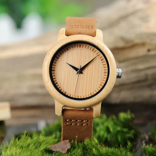 Vista 15 de BOBO BIRD Reloj de madera de bambú para hombre y mujer con correa de cuero de vaca marrón, relojes casuales de cuarzo analógico