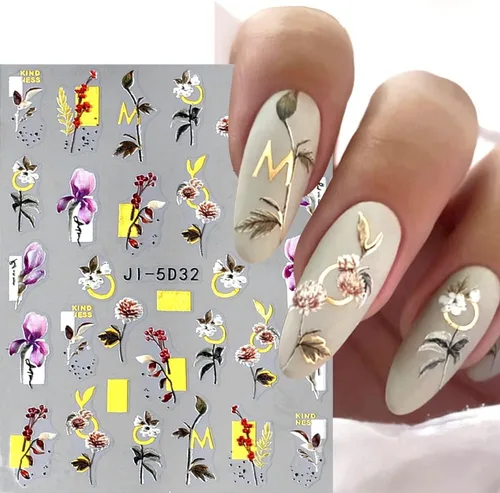 Vista 4 de Calcomanías de uñas bronceadas en relieve 5D, 3 hojas de flores de primavera, hierba, pájaro, calcomanías de arte de uñas, accesorios de uñas