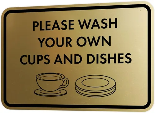 Vista 54 de Letrero clásico enmarcado con texto en inglés «Please Wash Your Own Cups and Dishes» (negro)