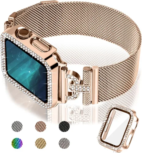 Vista 8 de JOYOZY - Correa magnética compatible con Apple Watch de 38 mm 40 mm 41 mm 42 mm 44 mm 45 mm 46 mm, correa Milanese con brillo de purpurina Negro