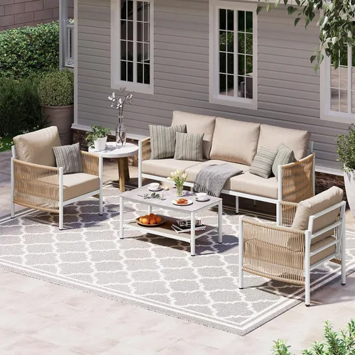 Vista 15 de Sofá de dos plazas de aluminio para patio exterior, sofá de patio de cuerda HDPE con cojín grueso lavable, muebles de patio para todo tipo de clima