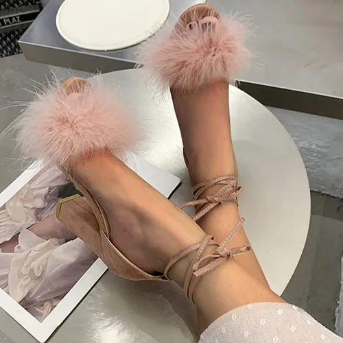 Vista 6 de ZiSUGP Sandalias de tacón alto con pompones y tacón ancho para mujer