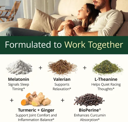 Vista 4 de Cúrcuma y melatonina, raíz de valeriana, jengibre, canela, L-teanina y BioPerine de pimienta negra, relaja y adormece, reduce inflamación y dolor