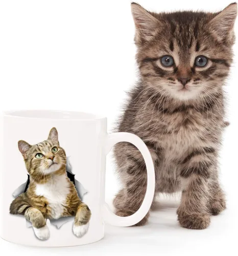 Vista 2 de Winston & Bear - Taza de café de cerámica con diseño de gato tabby pensativo - Regalo para amantes de los gatos - Perfecto para cumpleaños