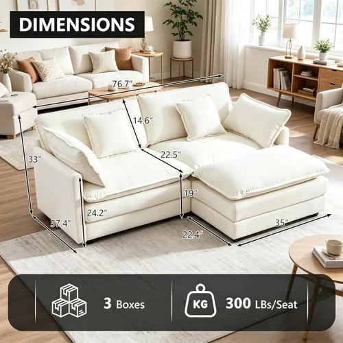 Vista 2 de Sofá modular modular con otomano: sofá moderno en forma de L de 76.7 pulgadas, cómodo sofá biplaza, sofá de 3 plazas de felpilla con almohada