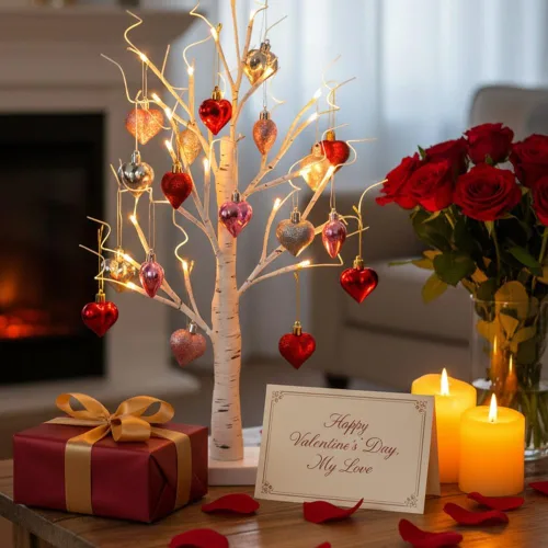 Vista 3 de Árbol de abedul iluminado para el día de San Valentín con adornos de corazón, lámpara LED romántica de árbol de ramita de abedul de mesa, 24 luces