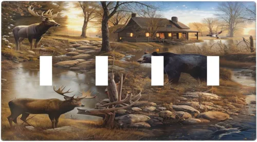 Vista 77 de Bear Moose Lodge Woodland - Placa de interruptor de luz dúplex individual de 1 banda, cubierta de salida decorativa de pared, placa frontal