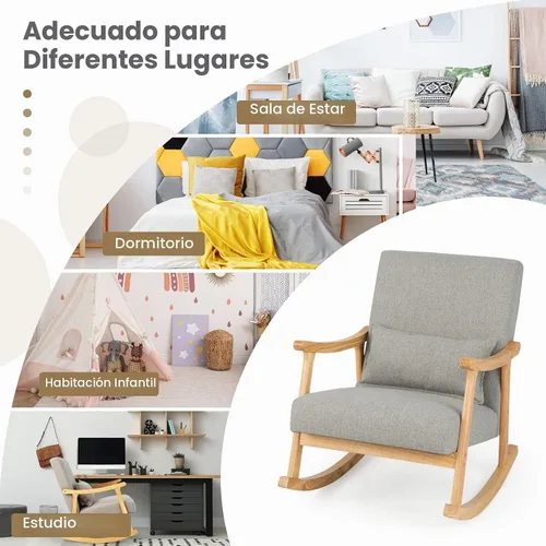 Vista 9 de GIANTEX Mecedora tapizada – Moderna mecedora con marco de madera de goma, cómodo respaldo y asiento, almohada acolchada de polipropileno, mecedora