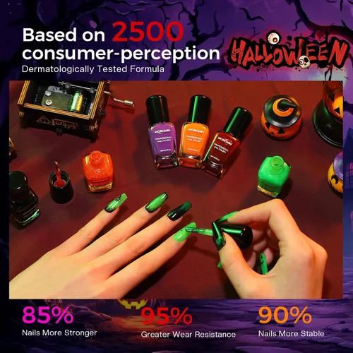 Vista 6 de Morovan - Juego de esmaltes de uñas de Halloween: negro, calabaza, naranja, brillante en la oscuridad, kit de esmalte de uñas verde neón con Paleta