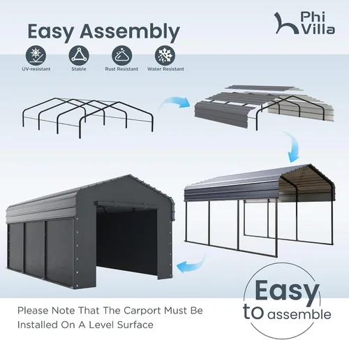 Vista 7 de PHI VILLA 10 x 15 Cochera metálica resistente con techo de acero galvanizado con kit de cierre lateral, cochera metálica robusta para autos, botes