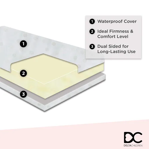 Vista 4 de Delta Children Canton - Cama para niños pequeños, albaricoque + colchón Delta Children Twinkle Galaxy de doble cara con núcleo de fibra reciclada
