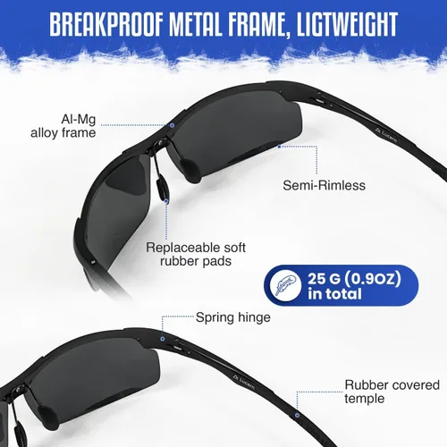 Vista 4 de Lucern Lentes de sol deportivos polarizados irrompibles, lentes irrompibles, marco de metal, 100% protección UV, claridad HD, ligeros 25 g (0.9 oz)