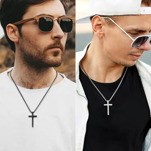 Vista 2 de 2 collares de cruz para hombre, colgante de acero inoxidable, cadena de cruces plateadas, negras, caja de regalo para niños de 16 a 30 pulgadas