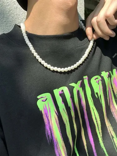 Vista 4 de Collar de perlas para hombre, collar de perlas en capas para niñas, collar redondo de perlas blancas en capas, collar de perlas para mujeres